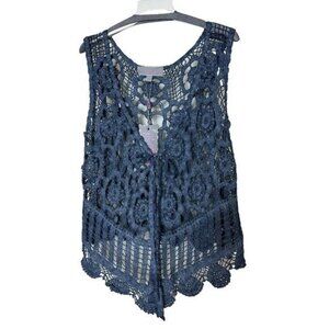 Pretty Angel Women's Crochet Vest Front Open Top Rust/Blue Fringe Bottom L M &XL